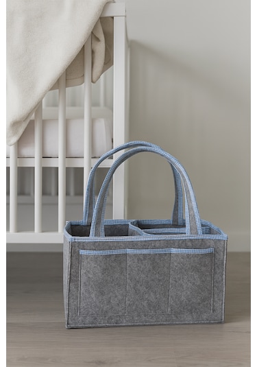 Anne Bebek Kalın Keçe Bakım Çantası Yenidoğan Için Organizer Düzenleyici Çok Amaçlı Gri Mavi Overlok Detay
