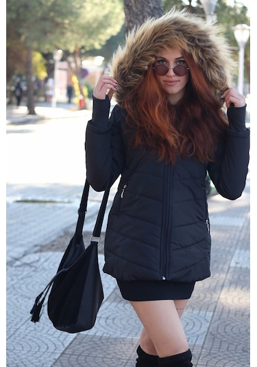 Barbora Kışlık Eldivenli Kapüşonu Kürklü Kadın Şişme Mont Bt121Si (546991319)