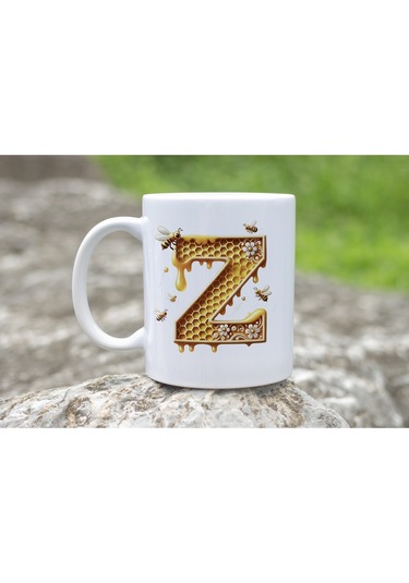 Z Harfi Bal Arısı Tasarım Kupa Bardak - Bal Ve Petek Desenli Kişiye Özel Kahve Kupası - Hediyelik Beyaz
