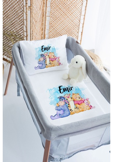 Lilabio %100 Pamuk Saten İsme Özel İsimli 70x120 Park Yatak Nevresim Seti Winnie The Pooh-mavi