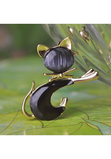 Sones Sevimli Kedi Broşu Kedi Gözü Taş Broşu Siyah