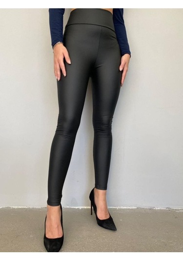 Tua Moda Yüksek Bel Toparlayıcı İçi Şardonlu Deri Tayt SiYAH