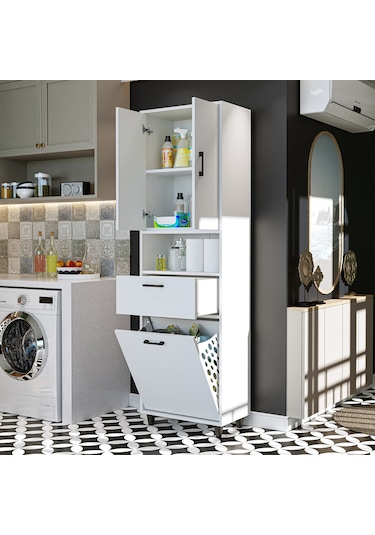 Çamaşır Sepetli Banyo Dolabı, Çok Amaçlı Çekmeceli Dolap 60 X 200 Mat Beyaz