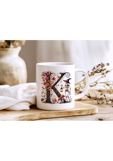 K Harfi Şapkalı İskelet Figürlü Ve Çiçekli Kupa Bardak - Cadılar Bayramı / Halloween Özel Hediye Beyaz