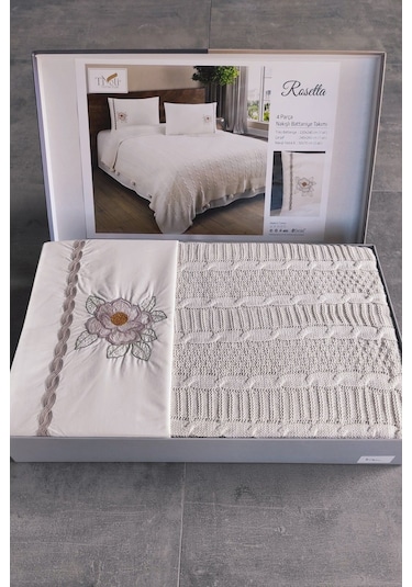 Çift Kişilik Triko Örme Battaniye Takımı-tivoli Rosetta Krem