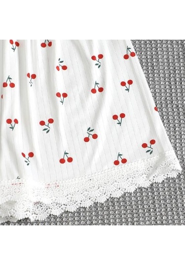 2 Adet/set Pijama Takımı Dantel Eklemeli V Yaka Kısa Kollu Üst Kiraz Baskılı Konfor Ev Giyim Kıyafeti Günlük Üst Şort Pijama Takımı Beyaz