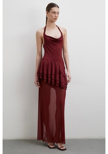 Boyun Askılı Fırfırlı Tül Elbise Bordo Bordo