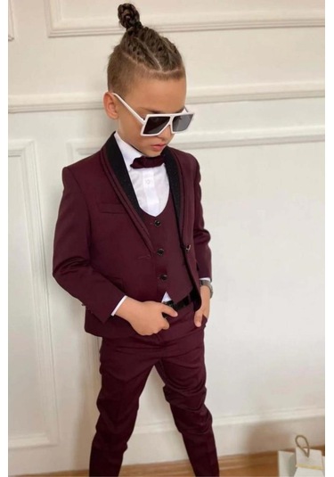 Riccotarz Erkek Çocuk Yakası Şerit Detaylı Cepken Yelekli Blazer Ceketli Bordo Takım Elbise Bordo
