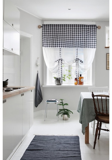 Naturel Potlu Ekose Tül Perde Retro Siyah