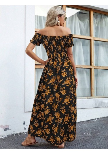 Kadın Kısa Kollu Madonna Yaka Yırtmaçlı Çiçek Desenli Süprem Elbise Siyah