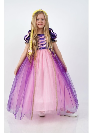 Rapunzel Prenses Kız Çocuk Parti Kostümü Doğum Günü Elbisesi Mor