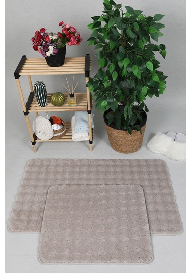 Modern Bubble Yıkanabilir Kaymaz Peluş Banyo Paspası Halısı 2'li Klozet Takımı 60x100-50x60cm Bej