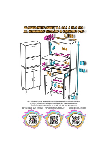 Modilayn Vio 65x163,4x32,5 Cm Yeni Çekmeceli, Kapaklı, Ekmeklikli, Çok Amaçlı Mutfak Dolabı. Beyaz