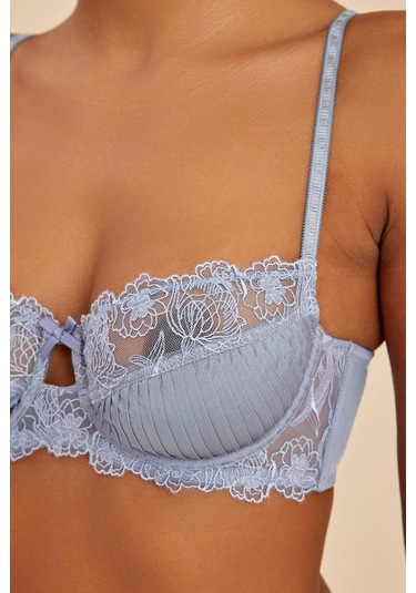 Paris Gri Mavi Balenli Dantelli Dolgusuz Toparlayıcı Balkonet Sütyen Mavi