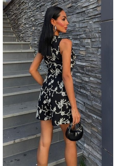 Nakışlı Yelek Şort Etekli Keten Takım 10226-08 Si Yah