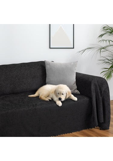 Jakarlı Şönil Koltuk Örtüsü Kanepe Örtüsü Koltuk Şalı 175x300 Kaymaz Antrasit Antrasit
