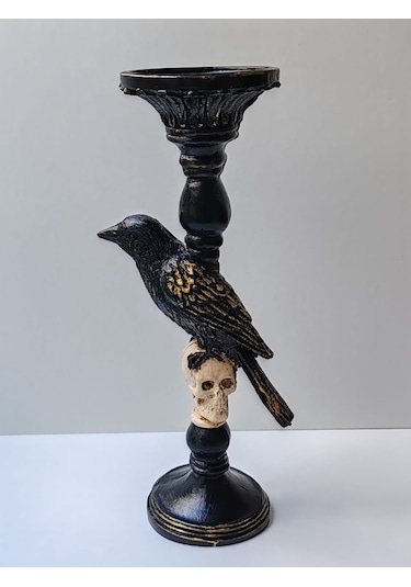 Gotik Tasarım Siyah Kuş Ve Kafatası Şamdan, Mumluk, El Yapımı, Ev Dekoru Siyah