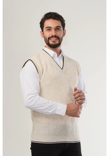 Kamalı Erkek V Yaka Triko Örgü Tüylenmez Süveter Regular Fit Saç Örgü Linyis Desenli Taş