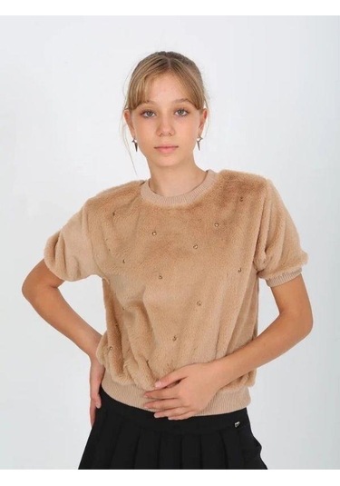 Kız Çocuk Peluş Taş Detaylı Kısa Kollu Kazak-14822 Kahverengi