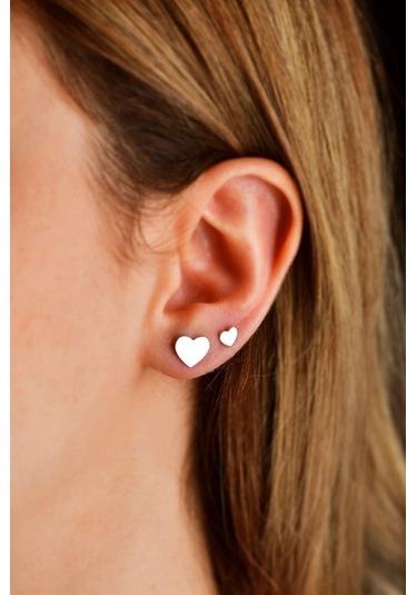 Rodyum İkili Kalp Çivili Gümüş Küpe Set