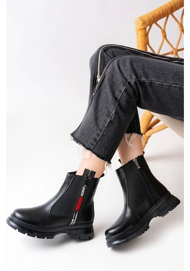 Siyah Fashion Aksesuarlı Fermuarlı Günlük Kadın Bot Siyah