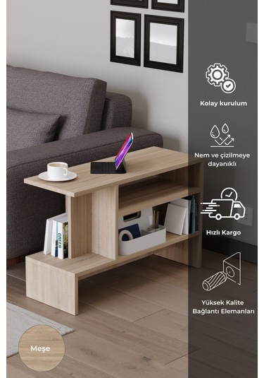 Sümela Raflı Yan Sehpa - Gazetelik, Dergilik, Kitaplık Meşe