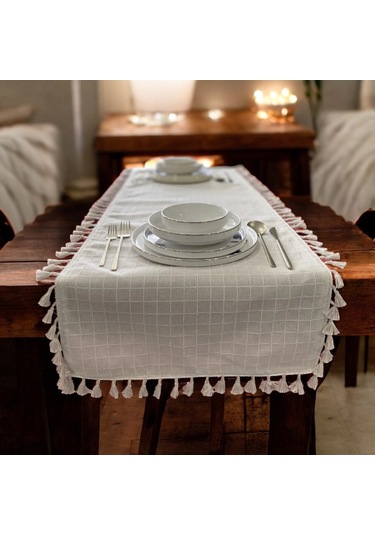 Natural, %100 Organik Pamuklu, Kenar Püsküllü, Naturel Keten Runn Diğer