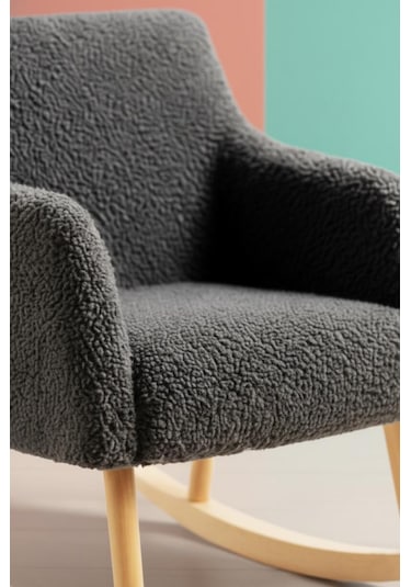 Loop Sallanan Sandalye Ve Puf Seti Antrasit Teddy Kumaş Ahşap Ayaklı Berjer - Sallanan Koltuk Puf Antrasit