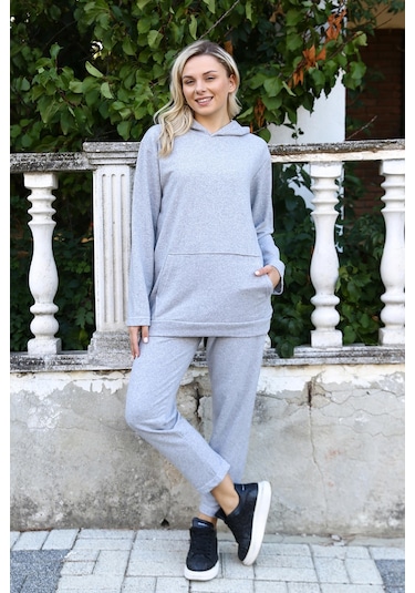 Akbeniz Kadın Pamuk Kapşonlu Cepli 3 İplik Gri Eşofman Takım 9037-gri Gri