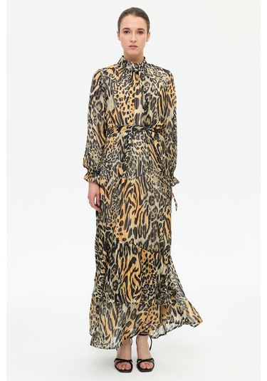 Leopar Desenli Empirime Elbise Kahve Kahve