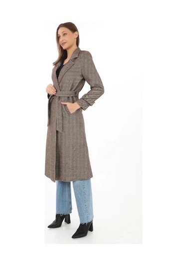 Kadın Astarlı Balık Sırtı Kaşmir Kaşe Kaban - Vizon Vizon