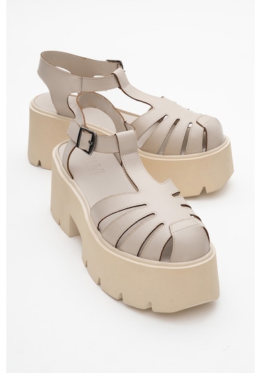 Luvishoes Luvi Shoes Verua Krem Kadın Kalın Tabanlı Sandalet Krem