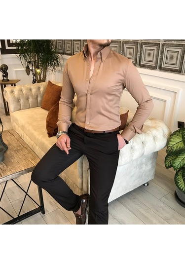 Italyan Stil Slim Fit Dik Yaka Saten Erkek Gömlek Vizon T5104 Vizon