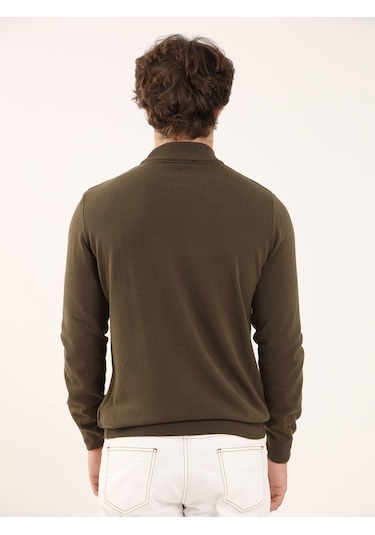 Dufy Haki Erkek Slim Fit Yarım Balıkçı Yaka Triko - 91087 Haki