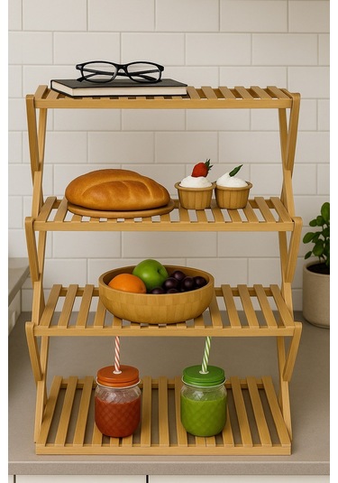 Doğal Bambu 4 Katlı Çok Amaçlı Raf Mutfak, Banyo Ve Dekoratif Organizer Raf Br-6714 Kahverengi