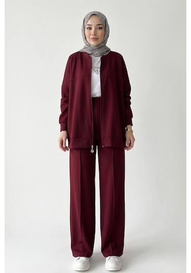 Thiff Tesettür Önü Fermuarlı Oversize Modal Takım Bordo