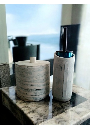 Mermer Desen Yeşil Renk Beton Çöp Kovası Ve Fırçalık Gri