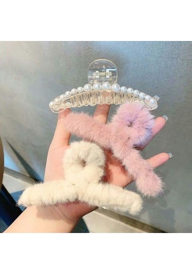 Beyaz Peluş Mandal Toka Çok Renkli