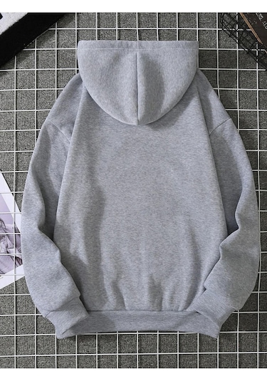 Yarım Kalp Sweatshirt - Gri Baskılı Oversize Kapüşonlu Gri