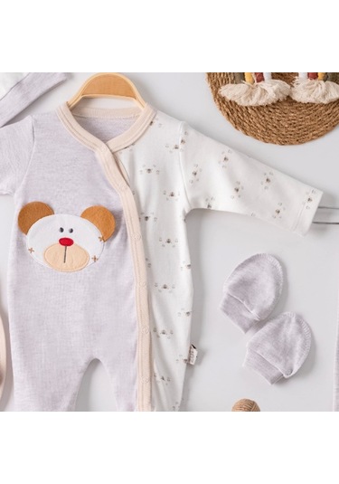 3 Ay Ayıcık Detay Tulumlu Erkek Bebek 5'li Set Kahverengi