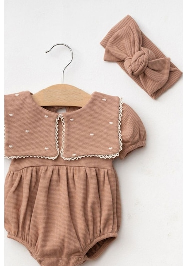 Kız Bebek Maita Kalp Nakışlı Waffle Yazlık Tulum Kahverengi