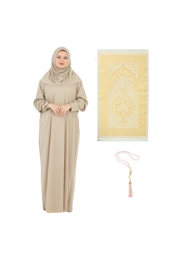Namaz Elbisesi Eşarp Seccade Tesbih Set, İslami Giyim Takım Ferace Turban Şal Taba