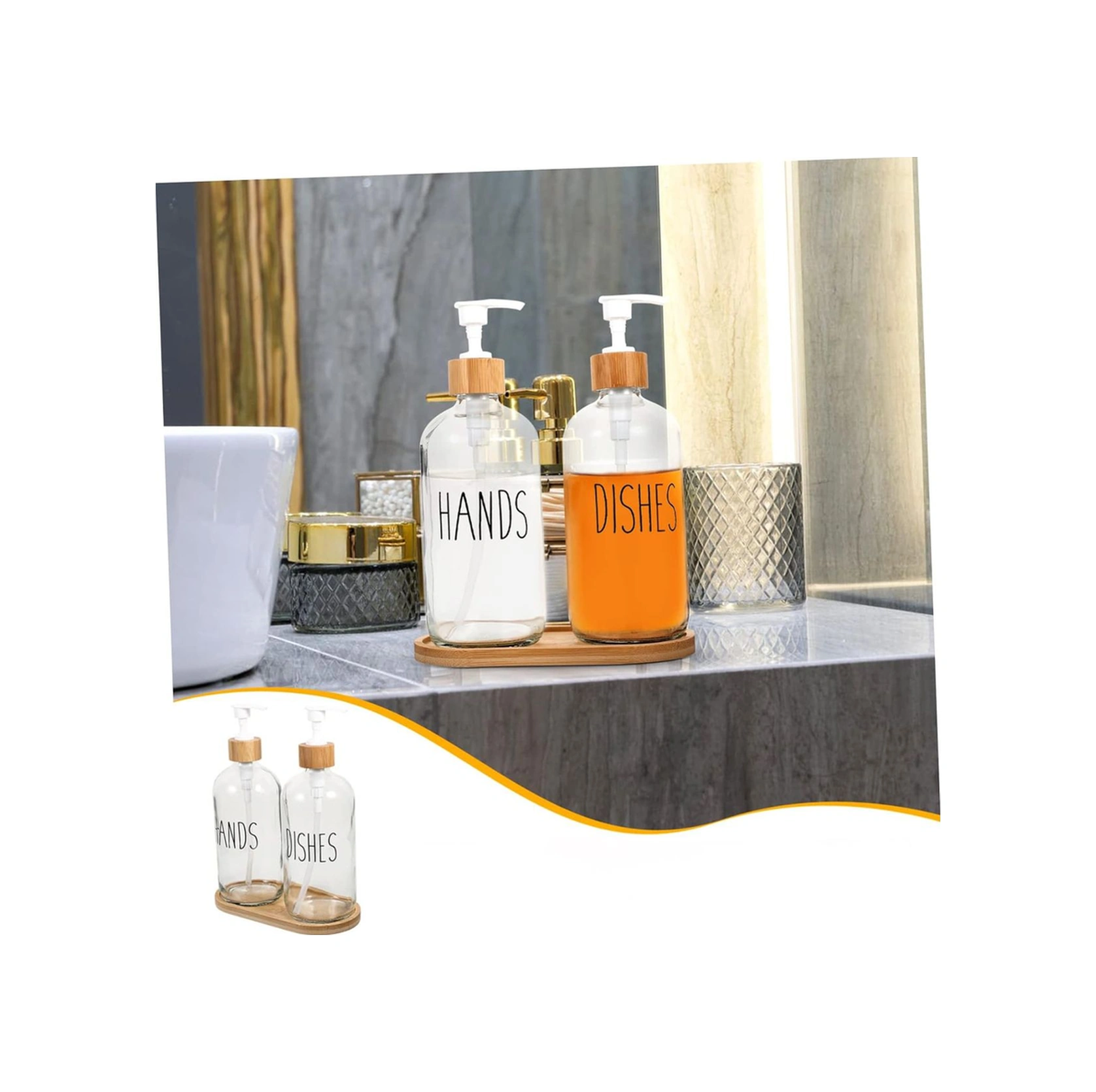 2 Li Mutfak Sıvı Sabunluk Seti Hands&dishes Bambu Tepsili Şeffaf