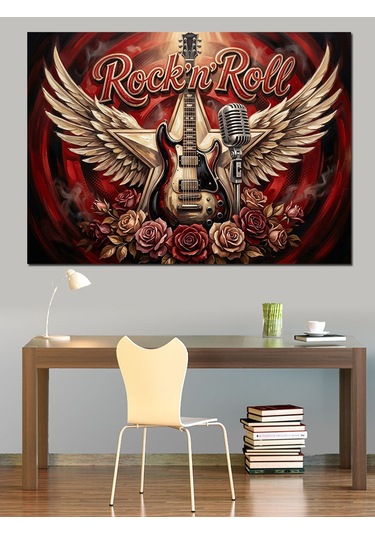 Kanatlı Gitar Rock Ve Gül Dekoratif Kanvas - Mdf Ahşap Tablo