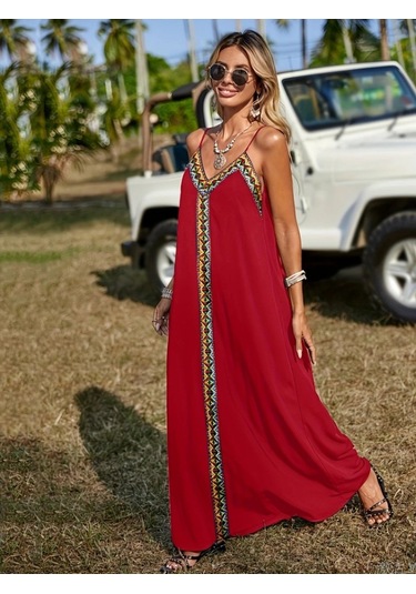 Kadın Askılı V Yakalı Etnik Şerit Detaylı Uzun Viskon Elbise Kırmızı