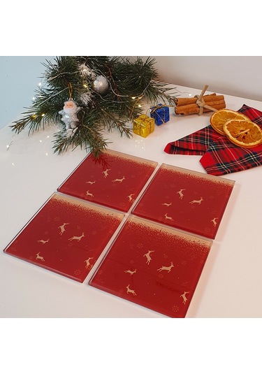 Decorita Cam Bardak Altlığı YeniYıl Kırmızı 5'li Geyik 4'lü Takım Kırmızı