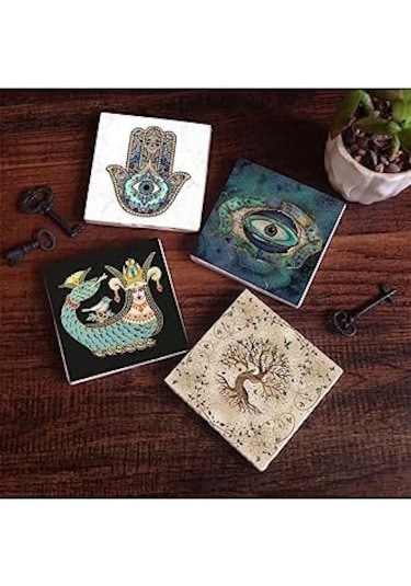 Nazar, Şahmeran, Hayat Ağacı, Fatma Ana Eli Hamsa Taş Bardak Altlığı Seti - 4 Parça - Dekoratif, Rustik Mutfak Aksesuarı, 10x10 Cm, Kaydırmaz Tabanlı, Şık Ve Dayanıklı Sc165