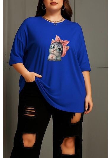 Büyük Beden Minnoş Kedi Baskılı Unisex Tişört Saks Mavisi