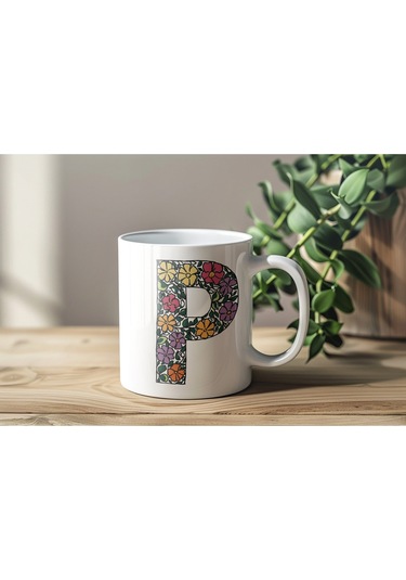 P Baş Harf Çiçek Desenleri İle Natural Tarz Kupa Bardak - Kişiye Özel Çiçekli Kahve Çay Bardak - Beyaz