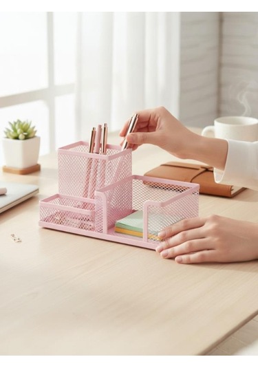 Need Nd-1033 Metal Mesh Masaüstü Organizer 3 Bölmeli, Çok Amaçlı Düzenleyici Pembe